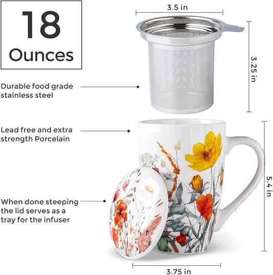 AmorArc Porcelain Tea Mug with Infuser and Lid, 18 Oz Tea Cup with Handle for Loose Leaf Tea, Gift for Tea Lovers of Men and Women