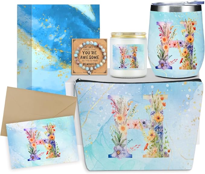 Personalized Gifts Monogrammed Birthday Gifts for Women, Bridesmaid Bachelorette Party Christmas Initial Wine Tumbler Makeup Bag Scented Candle Bracelet Set, (Aesthetic Blue Flower H)
