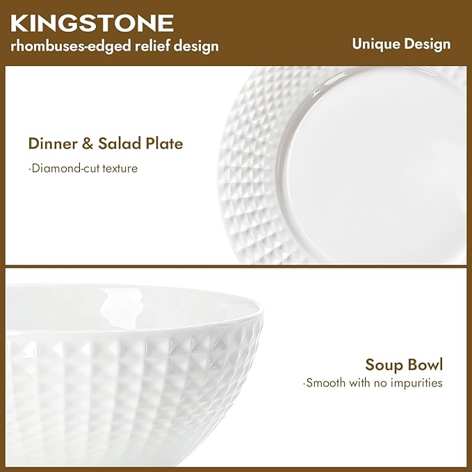 KINGSTONE 24-piece Bone China Dinnerware Set and 40-piece silverware, White Lightweight Porcelain for 8, Plates, Bowls with matching flatware, Microwave and Dishwasher Safe, for Family, Gifting