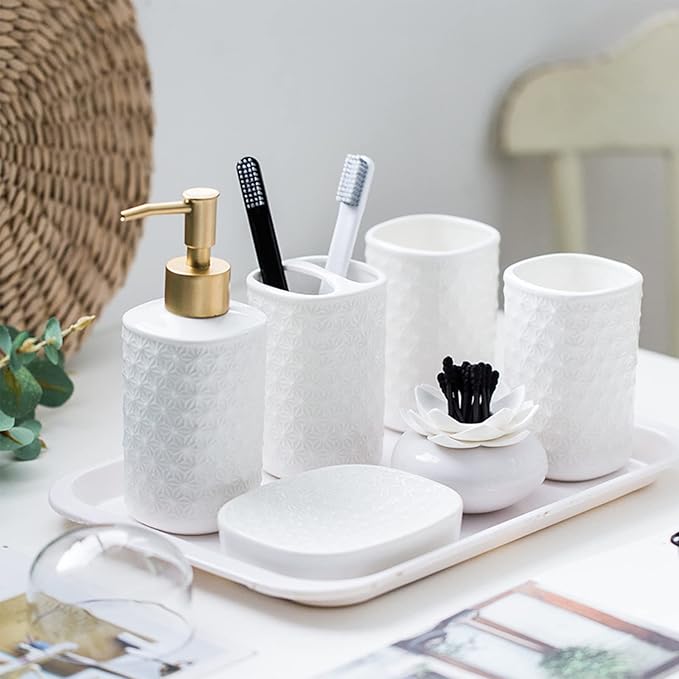 Ceramic Bathroom Accessories Set, 4 Pack Bathroom Ensemble for Bathroom Includes 1 Lotion Dispenser 1 Toothbrush Holder 1 Tumbler 1 Soap Dish (White)