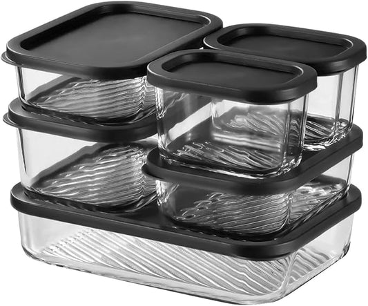 EATEX 6 Pack Glass Meal Prep Containers with Grooved Base, 6 Stackable BPA Free Glass Storage Containers with Lids for Lunch, Pantry, and Kitchen - Microwave, Dishwasher Freezer & Oven Safe - Black
