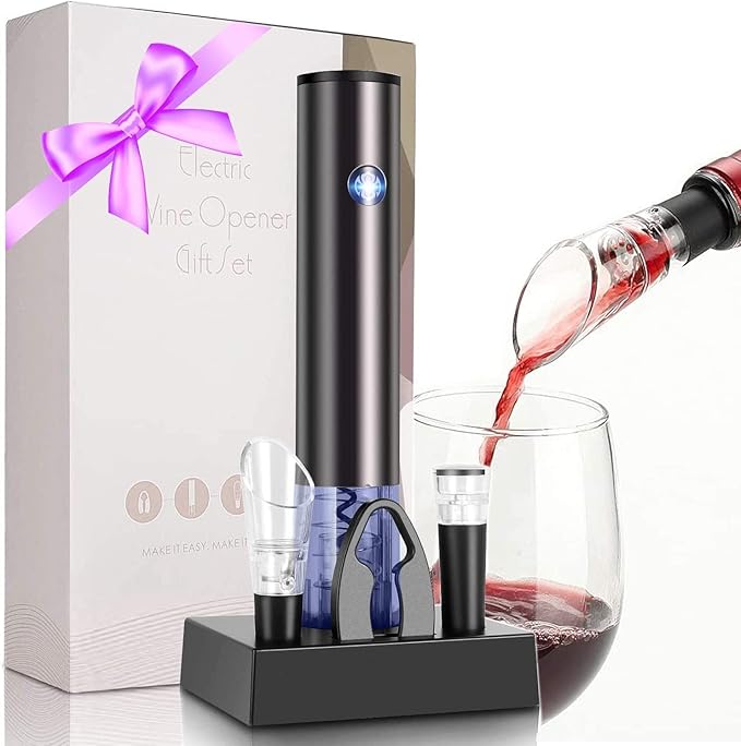 Electric Wine Opener Gift Set with Power Dock-Automatic Rechargeable Bottle Corkscrew-Foil Cutter, Aerator Pourer, Vacuum Wine Stopper - Present Housewarming, Christmas & Birthday