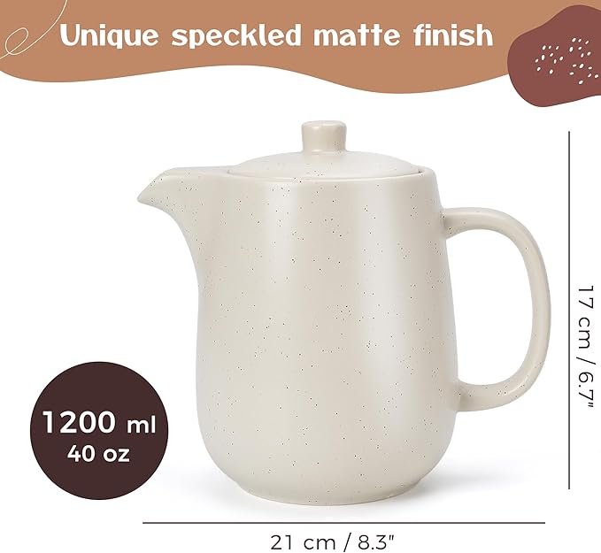 Ceramic Teapot with Infuser - 40 oz Large Teapot with Strainer - Tea Pot Ceramic for Loose Tea - Ceramic Tea Pots for Tea (Warm Grey/Beige)