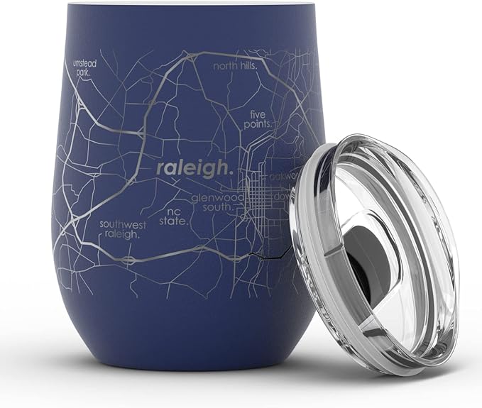 Well Told Engraved Raleigh North Carolina Map Insulated Wine Tumbler, Etched Stainless Steel Cup (12 oz, Midnight Blue) City Map Insulated Tumbler, Custom Insulated Tumbler, Outdoor Drinkware