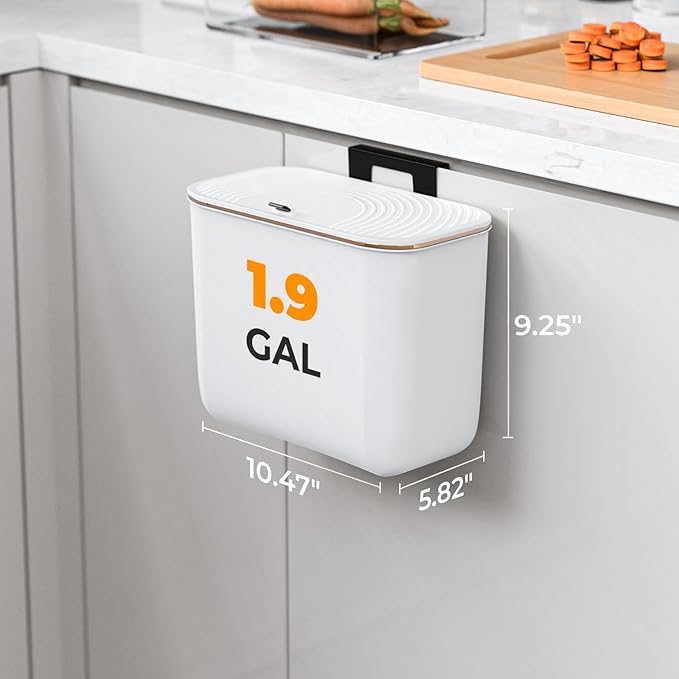1.9 Gallon Hanging Trash Can - Small Under Sink Trash Can with Lid, Wall Mounted Compost Bin for Kitchen Cupboard Countertop, Odor-Control, Extended Clamping Ring, PET Material, White
