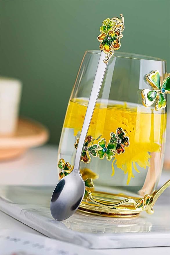 Luka Tech four-leaf clover flower Glass Coffee Mugs Tea Cup with Spoon, Unique Gifts For Women Wife Mom Friends Birthday Mothers Valentines Day Christmas (Green)