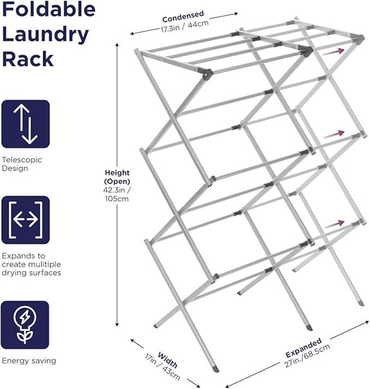 BLACK+DECKER Laundry Organization Expandable/Collapsible Clothes Drying Rack. Essential for Camping/Trailers or Anywhere You Air Dry Laundry. Oversized for Multiple Garments, (Grey)