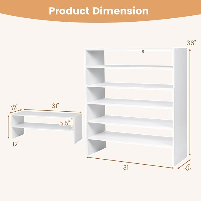 SIMOE 3-in-1 Adjustable Vertical Shoe Rack, 6-Tier Stackable Wooden Corner Storage Shelf for 18 Pairs, Space-Saving Organizer for Front Door Entryway, White