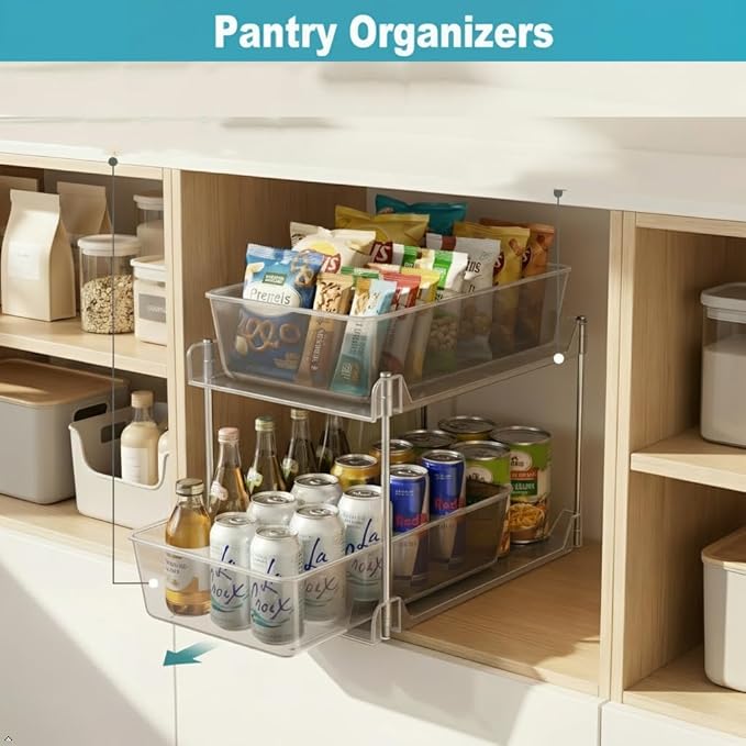 Bathroom Organizers and Storage,2-Tier Clear Under Sink and Pull-Out Cabinet Organizer with Track for Kitchen, Pantry,Vanity Countertop,Medicine Cabinet,Closet Drawers Bins