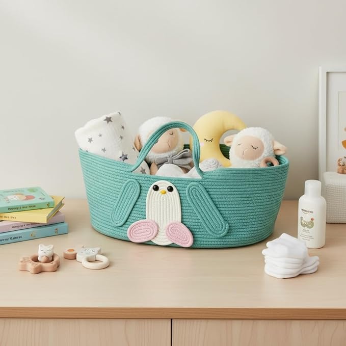 Foldable Woven Basket with Handles, All-in-One Cotton Rope Storage Box for Baby Bassinet, Household Items, Shopping, and Pet Comfort 27.56 × 15.75in