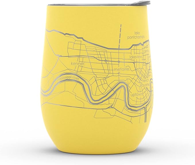 Well Told Engraved New Orleans LA Map Insulated Wine Tumbler, Etched Stainless Steel Cup (12 oz, Sunrise Yellow) City Map Insulated Tumbler, Custom Insulated Tumbler, Outdoor Drinkware