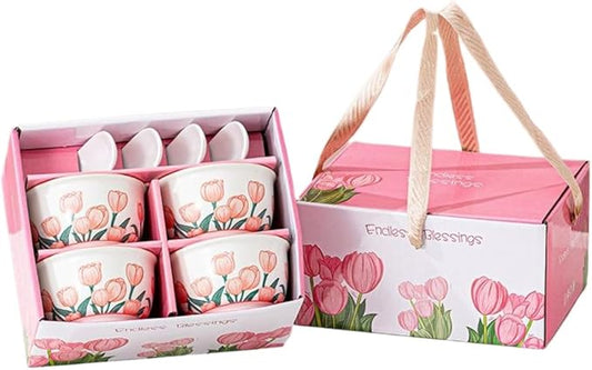 Premium Ceramic Dinnerware Set – Floral Bowls & Plates Set, Elegant Hand-Painted Design, Microwave Safe, Ideal for Wedding/Housewarming/Corporate Gifts (Tulip, 4*bowls+spoons)