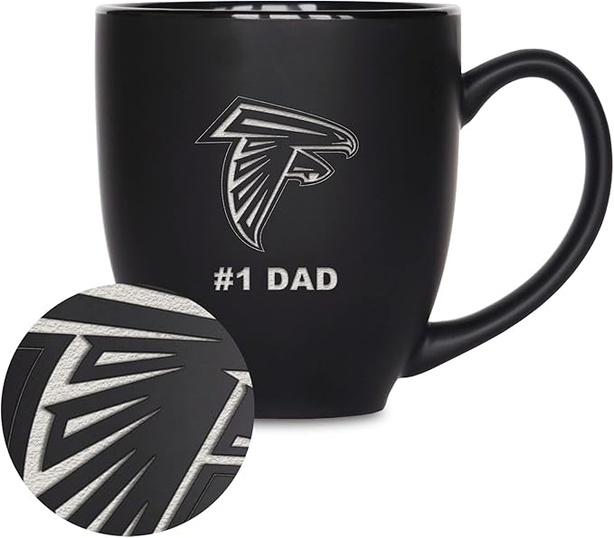 Rico Industries NFL Football #1 Dad 15oz Laser Engraved Matte Black Ceramic Bistro Mug - for Hot or Cold Drinks