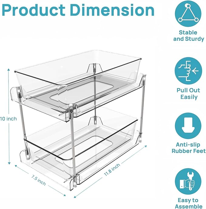 Bathroom Organizers and Storage,2-Tier Clear Under Sink and Pull-Out Cabinet Organizer with Track for Kitchen, Pantry,Vanity Countertop,Medicine Cabinet,Closet Drawers Bins