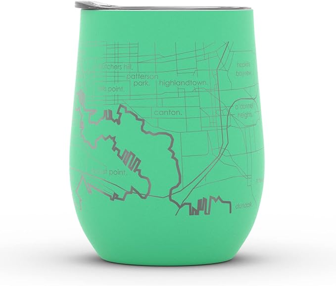 Well Told Engraved Baltimore Maryland Map Insulated Wine Tumbler, Etched Stainless Steel Cup (12 oz, Sunday Green) City Map Insulated Tumbler, Custom Insulated Tumbler, Outdoor Drinkware