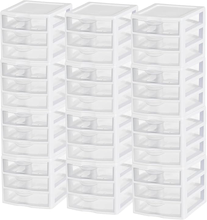 Sterilite 12-Pack ClearView 3-Drawer Cart, Small Plastic Storage Organizer Drawers, White - Organizing Drawer Containers for Bathroom, Closet, Kitchen, and Bedroom