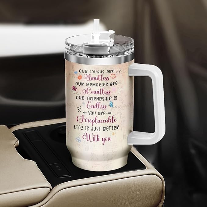 Tumbler 40 Oz With Handle Lid And Straw, Butterfly Funny Handle For Steel Stainless Coffee Women Yellow Heart Tumblers Cups Friends, Best Friend Tree Colorful