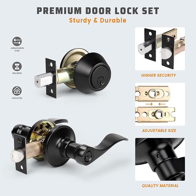 KNOBWELL 4 Pack Keyed Alike Door Lever Handle with Single Cylinder Deadbolt, Matte Black Exterior Doorknob Handleset with Deadbolt, Keyed Entry Front Door Entry Lever Lockset
