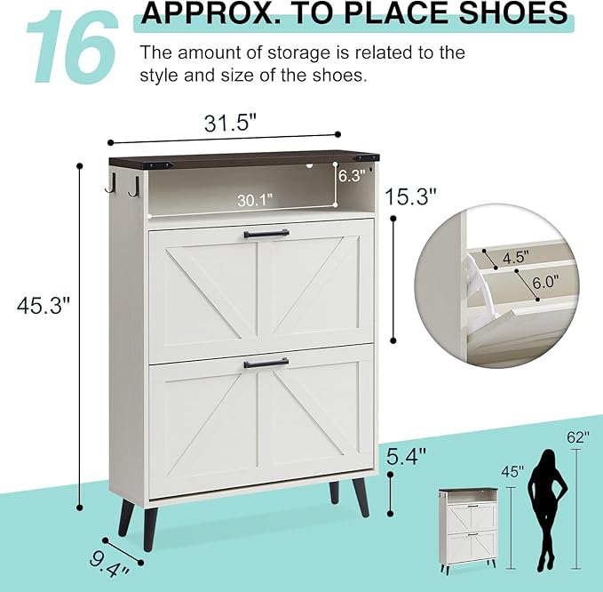 Shoe Storage Cabinet,Farmhouse Shoe Organizer with 2 Flip Drawers & Barn Door Design,Freestanding Hidden Slim Narrow Shoe Rack Cabinet with Open Storage for Entryway, Foyer,Antique White