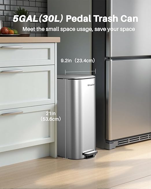 Lovewind Trash Can with Lid, 8 Gallon/30 L Footstep Garbage Can for Kitchen Bathroom Bedroom Home Office, 20 Liter Trash Bin Brushed Stainless Steel Waste Bin with Soft-Close Lid, Silver