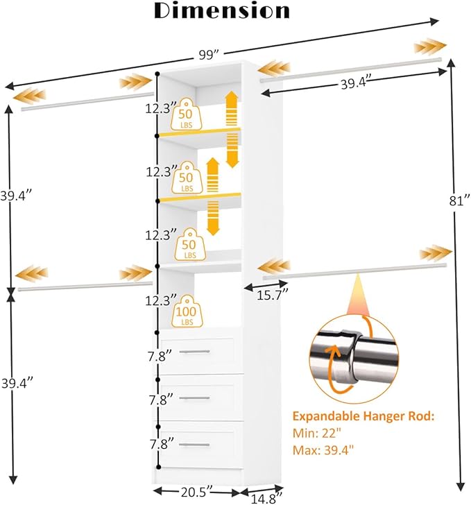 Closet System with Drawers, 5FT-8FT Custom Closet Organizer System 99" Walk in Wood Closet Storage System with 4 Expandable Hanging Rods Wall Mount White