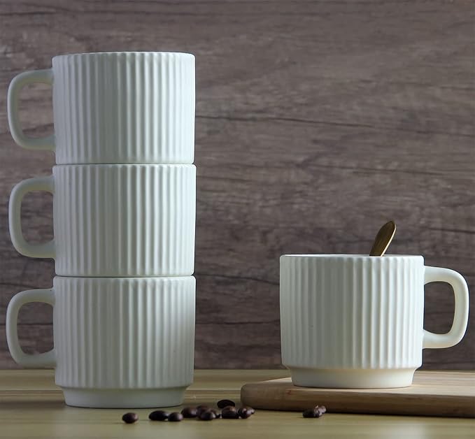 Stackable Coffee Mugs Set of 4, 7 OZ Espresso Ceramics Cups for Latte Cappuccino Cocoa with Handle, Beige
