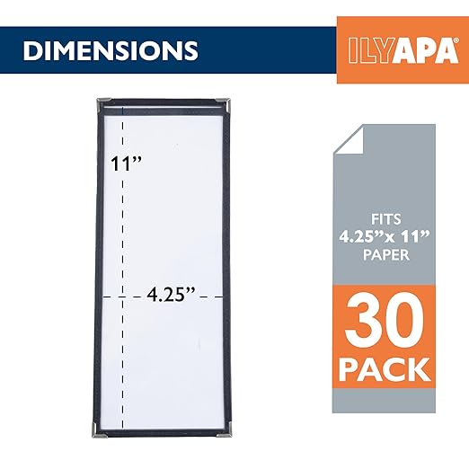 Ilyapa 30 Pack of Menu Covers 4.25 x 11 - Single Page, 2 View, Restaurant Menu Covers, 4.25x11 Clear Plastic Sleeves, Transparent Viewing Surfaces