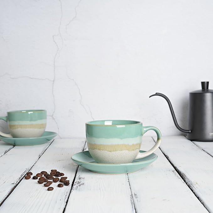 Bosmarlin Ceramic Cappuccino Cup and Saucer Set of 2, 10 Oz, Coffee Cups for Latte, Espresso, Tea, Dishwasher and Microwave Safe (Mint Green)
