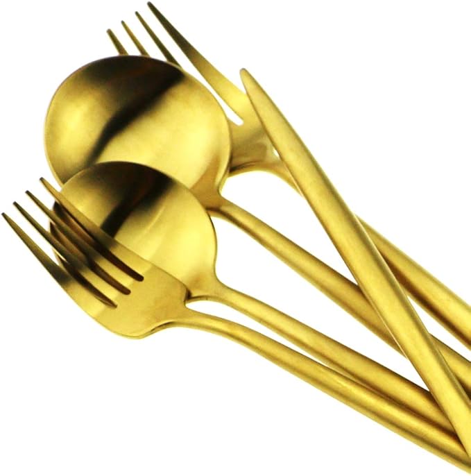 Gugrida Gold Flatware, Royal 5 Piece Luxury Matte Finish 18/10 Stainless Steel Tableware Sets for 1 Including Forks Spoons Knives, Camping Silverware Travel Utensils Set Cutlery (Gold)
