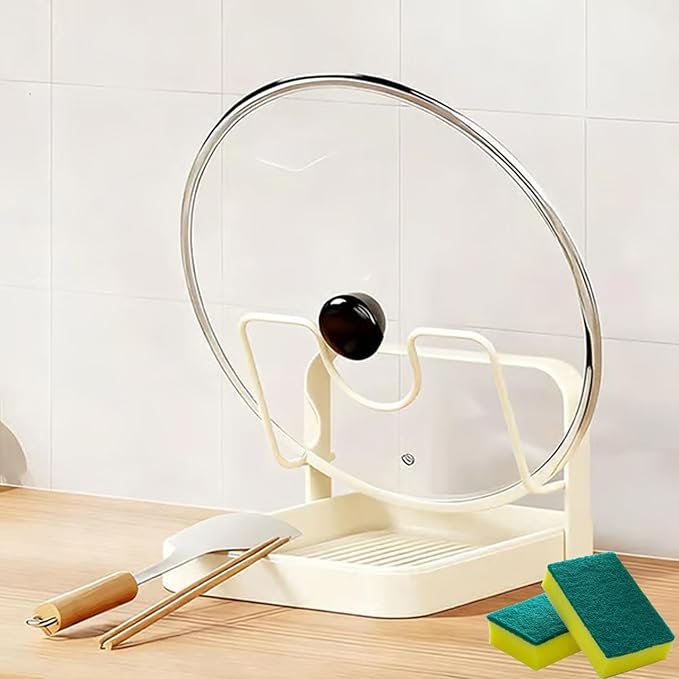 Kitchen Pot Lid Storage Rack, 2026 New Pot Lid Organizer Rack, Kitchen Pot Lid Holder While Cooking with Tray, Multifunctional Kichen Lid and Spoon Rest, Perfect for Busy Cooking (Beige, Single-layer)