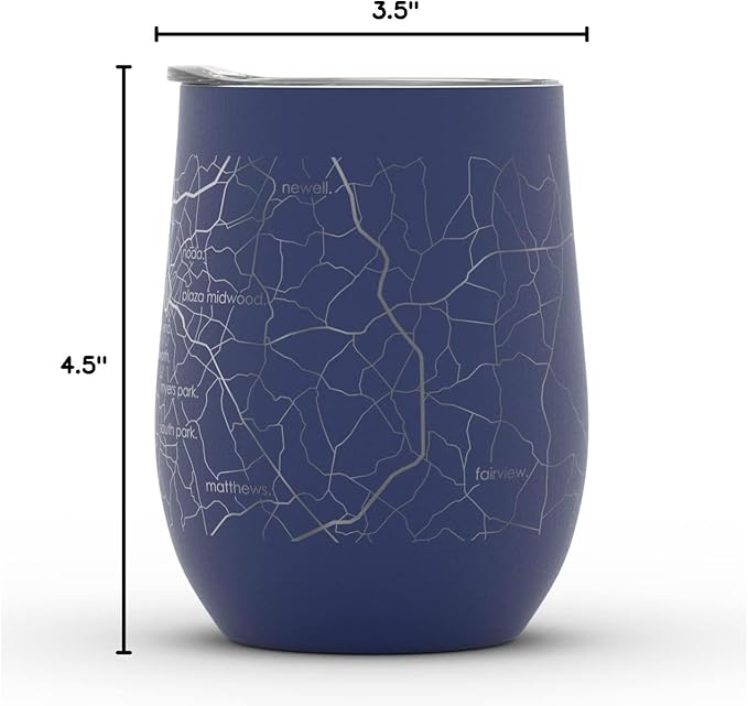 Well Told Engraved Charlotte North Carolina Map Insulated Wine Tumbler, Etched Stainless Steel Cup (12 oz, Midnight Blue) City Map Insulated Tumbler, Custom Insulated Tumbler, Outdoor Drinkware