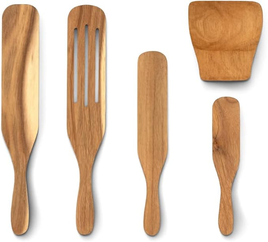 5 Pcs Wooden Spurtle Set with Spoon Rest – Acacia Wood Spurtle Spatula Utensils for Non-Stick Cookware, Stirring, Mixing, Scooping, Serving, Scraping, Cooking