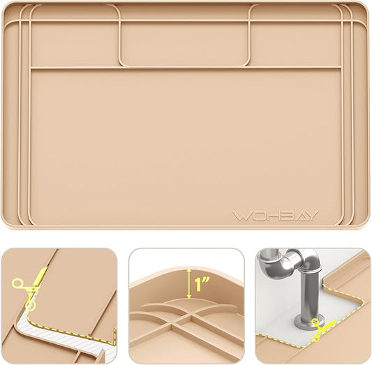 Under Sink Mats for Kitchen Waterproof, Cut to Fit Under Sink Drip Tray for Kitchen Bathroom Cabinets, Silicone Under-Cabinet Hold Up to 3.3 Gallons Liquid, 34" X 22" Or Smaller -Khaki