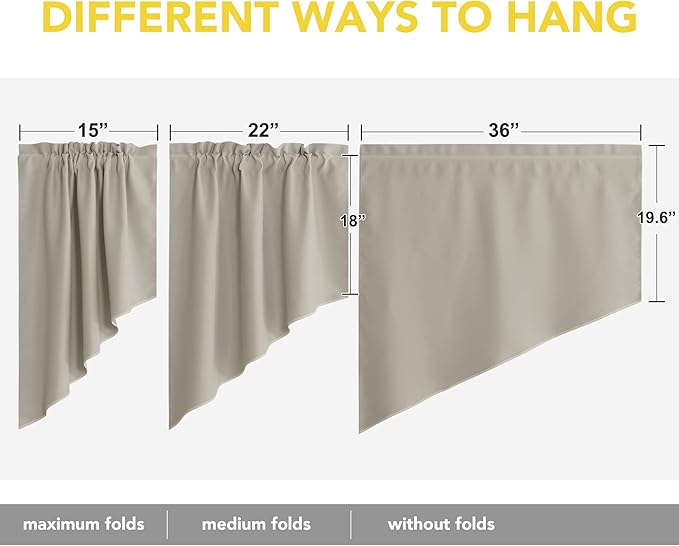 NICETOWN Kitchen Swag Curtains for Living Room, Farmhouse Style Short Curtains for Bathroom Windows, Rod Pocket Room Darkening Window Valances for Home, 1 Pair, 36" x 36" x 18" per Panel, Natural