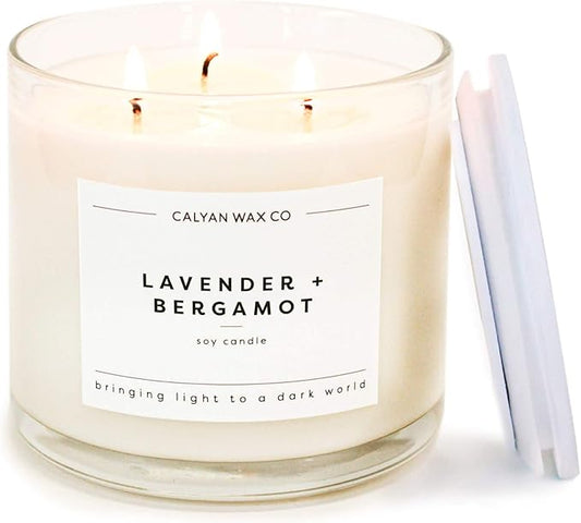 Calyan Wax Co. Lavender & Bergamot 3 Wick Scented Candle - 43 Hour Burn - Luxury 3 Wick Soy Candles - Non Toxic Soy Wax Candles - Long Lasting Large Glass Jar Candle for Home - 14.9oz
