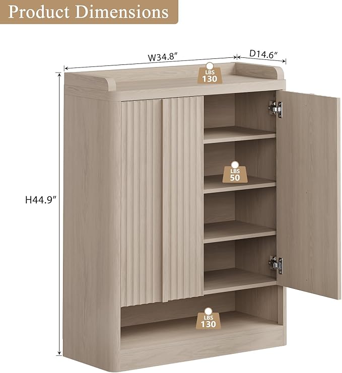 Fluted Shoe Storage Cabinet for Entryway – 45" Tall, 6-Tier Shoe Organizer with 4 Adjustable Shelves, Mid-Century Freestanding Wooden Shoe Rack for Hallway, Living Room, Closet, White Alder(3PCS)