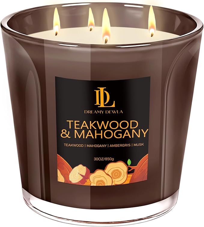 Teakwood & Mahogany Scented Candle, Large 30oz Natural Soy Candles, 4-Wick 80 Hour Burn Time, Home Fragrance Candles Housewarming Gift for Women Men