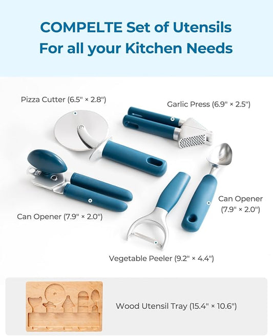 OOU Kitchen Gadget Set, 5 Piece Premium Zinc Alloy Kitchen Tools with Ergonomic TPE Handles – Includes Can Opener, Pizza Cutter, Garlic Press, Ice Cream Scoop, Peeler, and Wooden Storage Tray