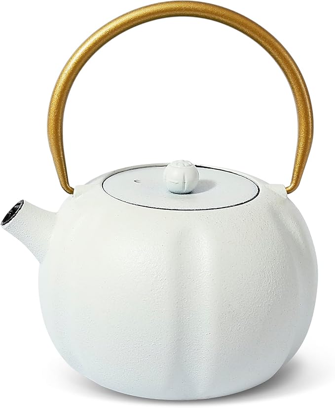VICSKY Small Pumpkin Cast Iron Teapot (White), Japanese Cast Iron Tea Kettle Stovetop Safe with Stainless Steel Infuser,Small Iron Teapot for Loose Tea, 1-2 People (27oz/800ml)