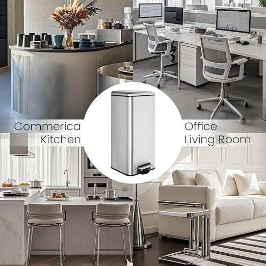 8-Gallon Trash Can, 30 Liter Stainless Steel Garbage Can, Round Trash Can with Lid, Slim Garbage can Featuring a Removable Inner Liner (Silver, 30L-Square)