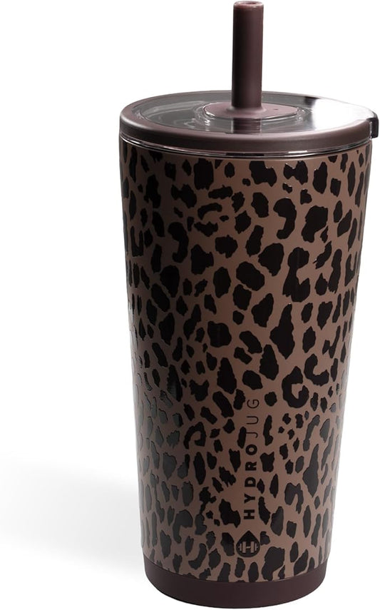 HydroJug Everyday Tumbler 20 oz – Ceramic-Lined Insulated Tumbler with Straw and Soft-Touch Lid, Cup Holder Friendly, Double-Wall Vacuum Insulation, Reusable Travel Cup – Brown Leopard