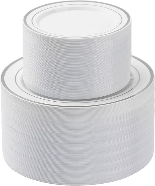 BESTSTAR 200PCS Silver Plastic Plates Set, 100 10.25 inch Dinner Plates and 100 7.5 inch Dessert Plates, Premium Disposable Plates for Party, Wedding