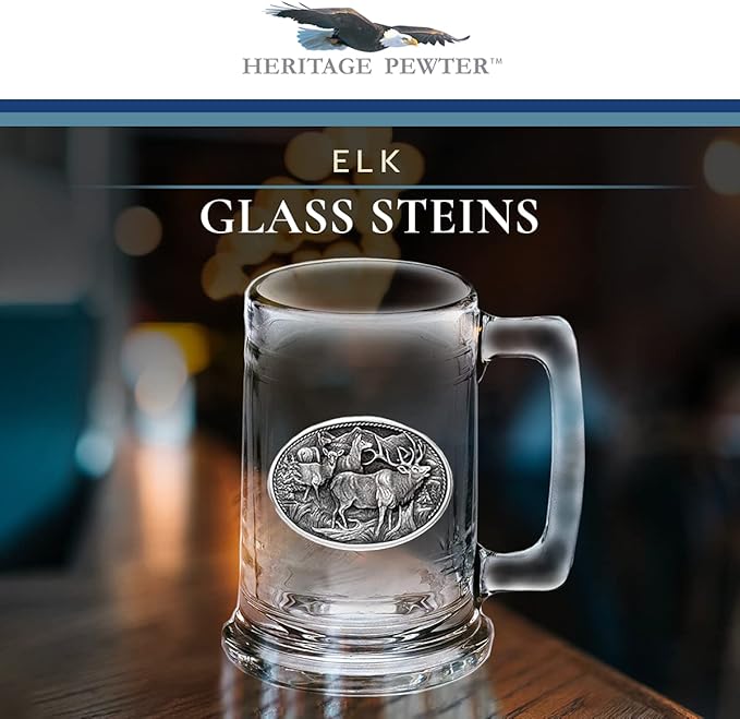 Heritage Pewter Elk Beer Stein Glass | 15 Ounce German-Style Beer Glass | Intricately Crafted Metal Pewter Elk Inlay