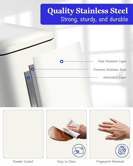 Large Bathroom Trash Can, 16.7L/ 4.4 Gallon Trash Can with Removable Wastebasket, Hand Free Garbage Can with Soft close Lid, Stainless Steel Skinny Trash Bin for Bedroom, Home Office, White
