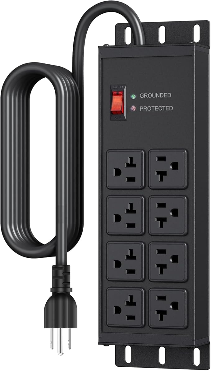 JUNNUJ Heavy Duty 20 Amp Surge Protector 4800J, Garage Metal 8 Outlets 12 Gauge, High Amp 5-15P Adapter Shop 6-20R T-Slot Industrial Outlet, 10 FT Extension Cord Commercial for Appliance