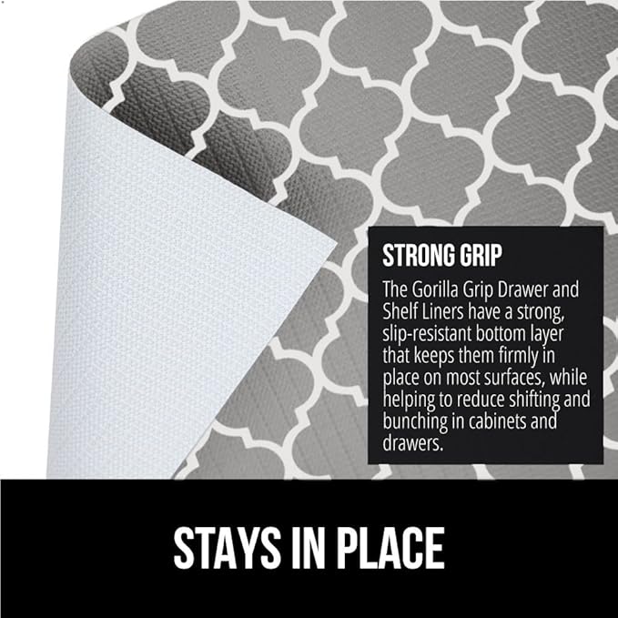GORILLA GRIP Slip Resistant Drawer and Shelf Liner 2 Pack, Non Adhesive Water Resistant, Easy Clean and Trim, Smooth Surface Liners for Kitchen Cabinet Shelves Drawers Pantry 17.5IN x 20FT, White Gray