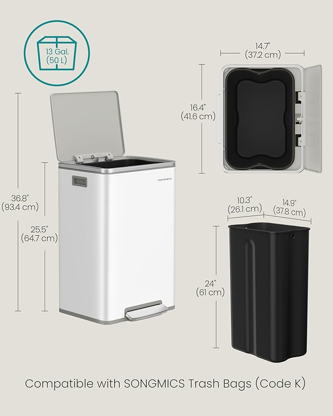 SONGMICS Trash Can, 13-Gallon Gabbage Can, with 15 Trash Bags, Steel, with Soft-Close Lid, Removable Inner Bucket, Handles, Cloud White ULTB595W01V1