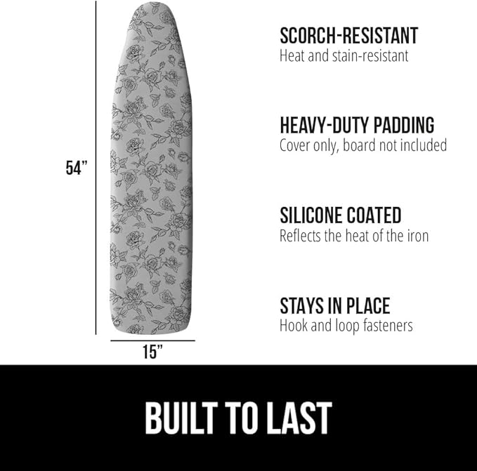 GORILLA GRIP The Original Ironing Board Cover and Pad, Silicone Coating, Thick Scorch Resistant Padding, Heavy Duty Iron Covers Standard Boards, Hook and Loop Fastener Strap, Gray Floral, 15x54