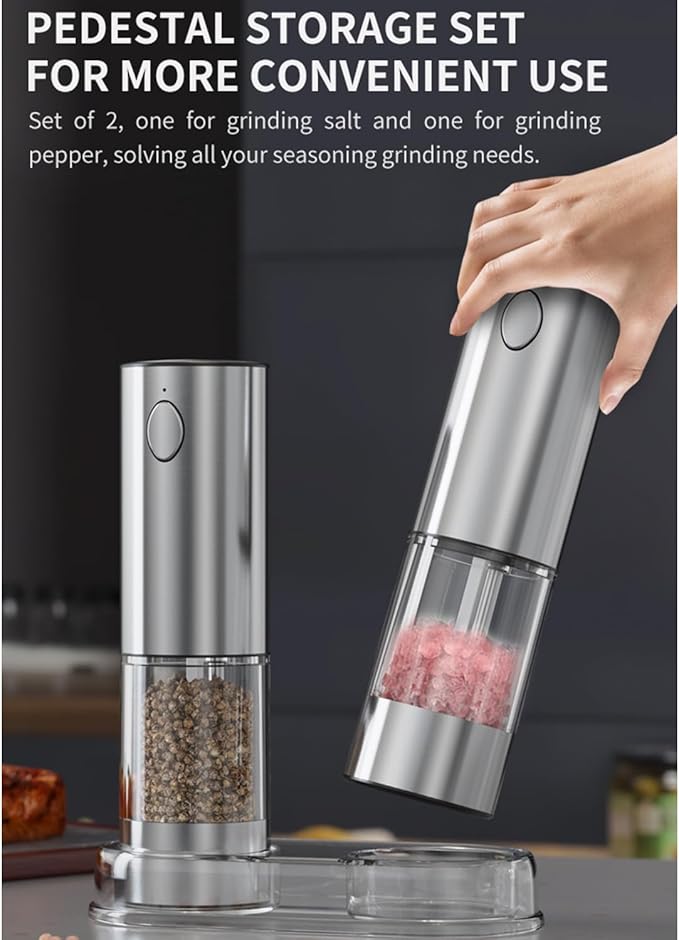 RECHARGEABLE - Electric Pepper and Salt Grinder Set, Adjustable Coarseness, With LED Light, One Hand Automatic Operation (A/Silver)