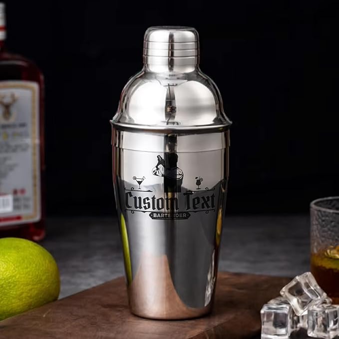 Personalized Cocktail Shaker 24oz - Custom Stainless Steel Bar Kit with Engraved Text, Built-in Strainer & Measuring Jigger & Spoon, Gift for Bartenders & Cocktail Lovers (Bartender Design)